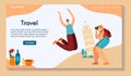 Character jumping lovely couple, male, female take photo, travel italian, leaning tower pisa, flat vector illustration