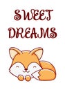Character kawaii fox cartoon cute, sweet dreams, hand drawn isolated on white background Royalty Free Stock Photo