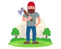 character lumberjack with an ax goes to cut trees. Royalty Free Stock Photo