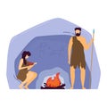 Character male female caveman, barbarian family rest cavern isolated on white, flat vector illustration. Warrior man