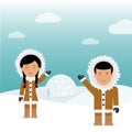 Character male and female Eskimos. Concept background trip to Greenland. Eskimos friendly greeting near igloo house