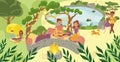 Character male female picnic in national park relax, outdoor garden rest peaceful place flat vector illustration. Lovely