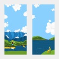 Character male fishing, rod, mountain, pier flat vector illustration. Relax on river shore, vacation. Man go fish, lake