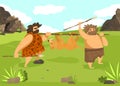 Character male hunting wild animal, prehistoric time, man with spear, flat vector illustration. Ancient tribe on hunt