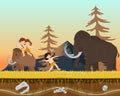 Character male kid hunting wild mammoth prehistoric time man with spear, flat vector illustration. Ancient tribe on hunt