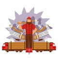 Character male lumberjack in red hat, axe, truck with trailer, pine, forest logs, saw, hammer, wood instrument, vector