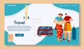 Character male travel around world, flat vector illustration. Creating route, map for trip. Design for website, your