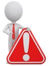 Character man businessman points to a red exclamation mark on a white background. 3d render illustration for advertising