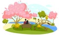 Character man and girl sit peaceful place, lovely pair on date, isolated on white, flat vector illustration. Design
