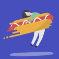 Character of a man hugging a fast food hotdog illustration Royalty Free Stock Photo