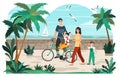 Character man, woman, kid, summer family walking, bike travel, rest promenade, flat vector illustration. Design web