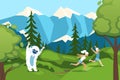 Character man, woman running away from bigfoot in forest on mountain background vector illustration. Yeti monster from Royalty Free Stock Photo