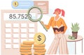 Character manage finances. Woman calculating analyzing personal or corporate budget, managing income Royalty Free Stock Photo
