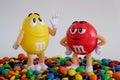 Character mascot of chocolate brand m&m`s