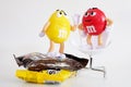 Character mascot of chocolate brand m&m`s