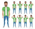 Character men hipster. A collection of several movements and emotions. Royalty Free Stock Photo