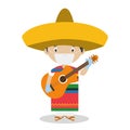 Character from Mexico dressed in the traditional way with guitar and with surgical mask and latex gloves