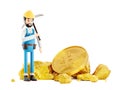 The character is mining cryptocurrency. Gold miner mining bitcoin concept. Working with pickaxe mining golden bitcoins