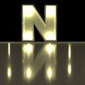 Character N font with reflection. Light bulb glowing letter alph