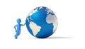 Character next blue 3d globe Royalty Free Stock Photo