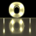 Character O font with reflection. Light bulb glowing letter alph
