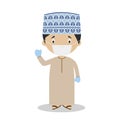 Character from Oman dressed in the traditional way and with surgical mask and latex gloves