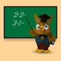 Character, Owl teacher conducts a lesson at the blackboard. Learn numbers to count. Banner on a pink background