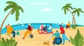 Character people relax sea shore, male female disabled walking dog, group human rest ocean beach flat vector