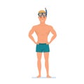 Traveler is resting on beach, diving in swimming trunks, mask.