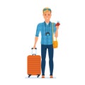Traveler character with luggage, documents, accessories, is going on journey.