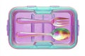 Character with plastic fork and spoon inside transparent lunch box on white background Ai photo Royalty Free Stock Photo