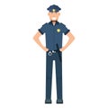 Character policeman standing isolated on white, flat vector illustration. Human male important professional activity, smiling