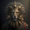 Character Portrait Anthropomorphic Lion Wearing a Jewel Punk Aesthetic Crown and Armor