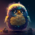 Character Portrait Closeup Super Fluffy Sad Blue Bird with Colorful Feathers and Wings Glittering and Soft