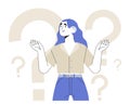 Character with question marks solving problems or searching solutions. Woman puzzled and do not know right answer