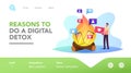 Character Rejection Devices, Internet and Social Networks Digital Detox Landing Page Template. Man Throw Gadgets in Fire