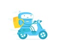 Robot courier. Take away. Delivery service. Rides a motobike. Fast food delivery. With a backpack. Vector illustration.