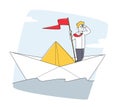 Character on Sail Boat in Ocean. Business Man with Red Flag Sailing Paper Ship in Sea Looking in Far, Planning Strategy