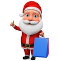 Character Santa Claus shows thumb up and holds shopping. 3d rendering. Illustration for advertising