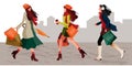 Character set of stylish women walking holding shopping bag in autumn warm outfits