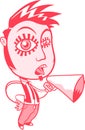 Character with sideburns and a goatee with a megaphone