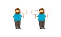 Character with a sign in his hand. Fat man. Hipter. The bearded man