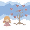 Little girl standing under a bold tree with fruits in the shape of a heart.