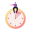 Character Sit at Huge Alarm Clock Pointing on Wrist Watches. Time Management, Planning and Scheduling Work, Deadline