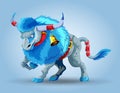 Character of snowy blue bull. Blue taurus with long mane. Symbol of the new year 2021. Happy new year greeting card or Royalty Free Stock Photo