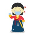 Character from South Korea dressed in the traditional way with hanbok and with surgical mask and latex gloves