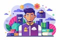 A character stands amidst vibrant graphics, featuring various digital tools and creative resources, Metaverso Customizable Flat Royalty Free Stock Photo