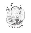 The character is a stylized elephant with headphones and the inscription Life is music. Black and white illustration for