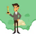 Character of successful businessman with award.