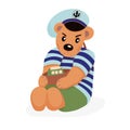 Character Teddy Bear in a striped sea turtleneck and cap with an anchor. In the hands of the toy boat. Cute animal. Vector cartoon